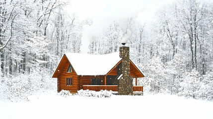 Snow Covered Log Cabin in a Winter Forest