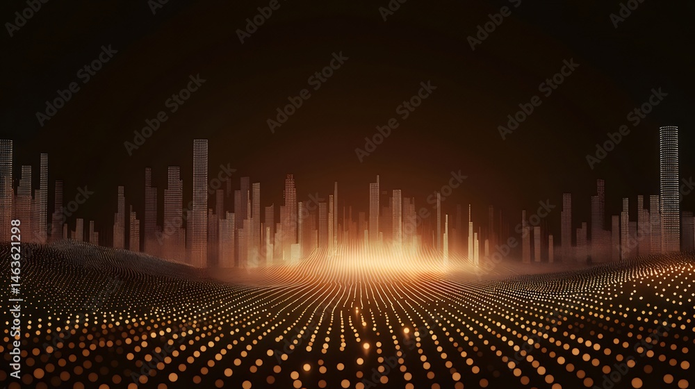 Poster 光る幾何学的なパターンと摩天楼のシルエットを持つ抽象的な都市景観の夜景の背景