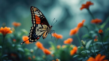 Obraz premium Macro shot of a butterfly in flight with a blurred floral and green background