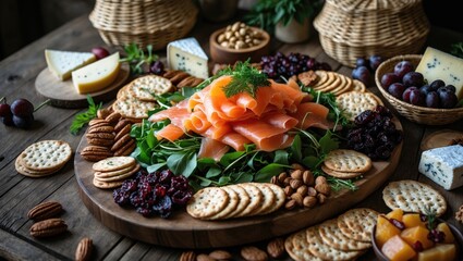 A lively spread featuring smoked salmon, cheeses, fruits, crackers, and nuts for social occasions on a table