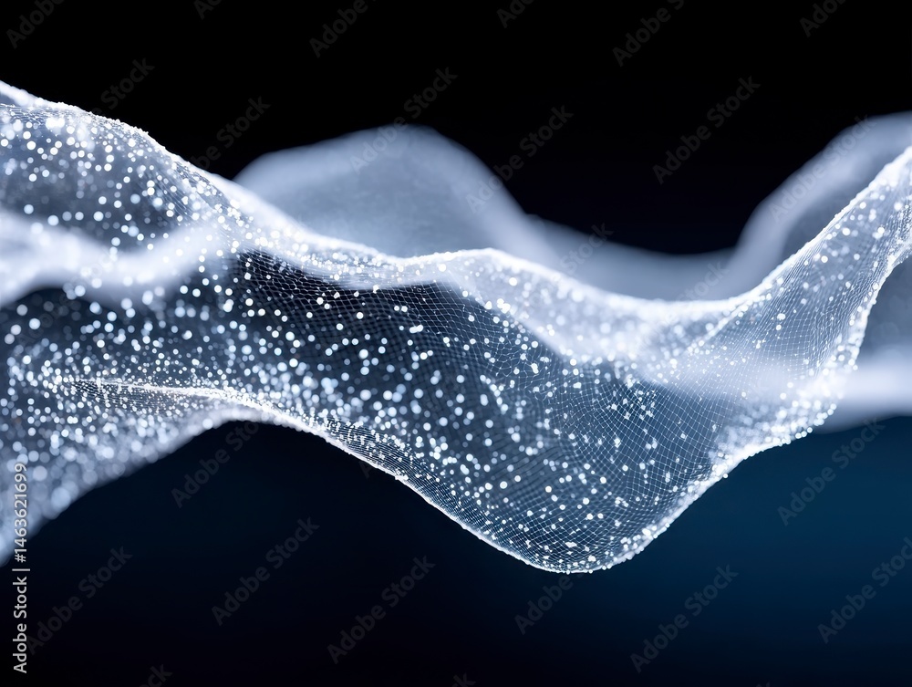 Poster abstract wave with luminous particles on a dark background.