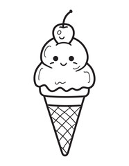 Smiling Ice Cream Cone Kawaii Line Art Illustration