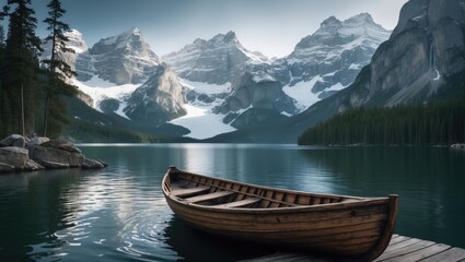Obraz premium Scenic rowboat resting on the tranquil lake surface surrounded by Montenegro's Durmitor mountains in a picturesque national park
