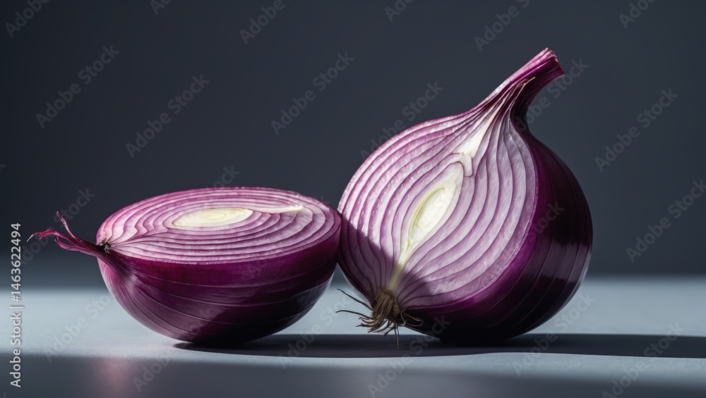 Poster sliced red onion with natural flavoring on a plain background