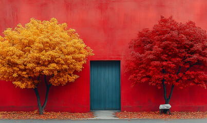 Red Wall with Yellow and Red Trees in Autumn