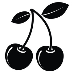 Minimalist Black Cherry Silhouette with Leaves in Simple Vector Style