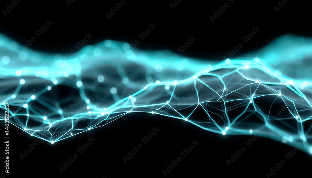 Poster abstract digital wave with glowing lines and dots on a dark background.