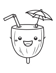 Coconut Cup with Straw and Umbrella Line Art
