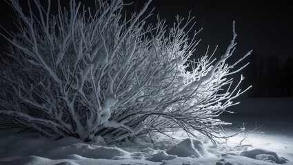Snow-laden shrub branches illuminated at night in a winter scene