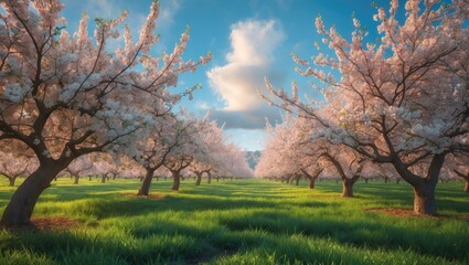 Blooming almond tree in garden with vibrant spring sky