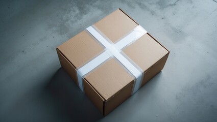 Top-down view of sticky transparent tape sealing a box