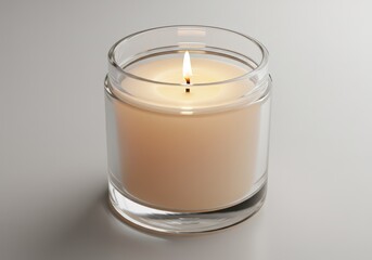 Lit candle in a clear glass container on a white surface