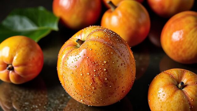 Fresh sumac apples with droplets against a dark background  