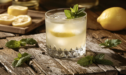 Refreshing Lemon Mint Cocktail on Rustic Wooden Table