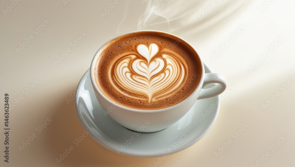 Poster macro view of hot latte coffee with intricate latte art in a ceramic cup and saucer, background isol