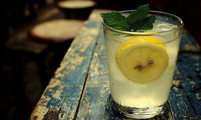 Refreshing Lemonade with Lemon and Mint in Glass on Rustic Table