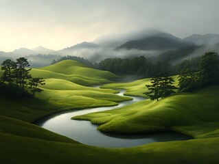 Pastoral landscape of rolling hills and a winding stream