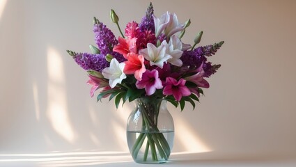 Naklejka premium Colorful Alstroemeria arranged in a glass vase with a light backdrop