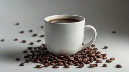 Fototapeta premium Close-up of roasted coffee beans and brewed coffee cup against a white textured wall
