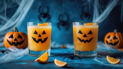 Blue background showcasing Halloween-themed drinks in glasses with faces, complemented by pumpkins, spiders, and lanterns. Copy space for banner.