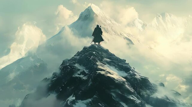 Samurai standing atop a mountain peak, embodying strength and solitude in a symbolic, conceptual scene