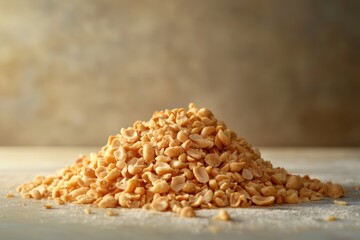 Close-up of a Pile of Roasted Peanuts on a Wooden Surface, Studio Shot, Food Photography, Healthy Snack, Delicious and Nutritious
