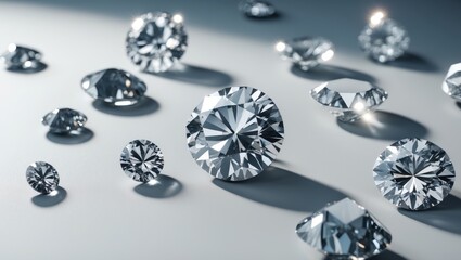 Bright, beautiful diamonds laid out on a white background in a flat lay style