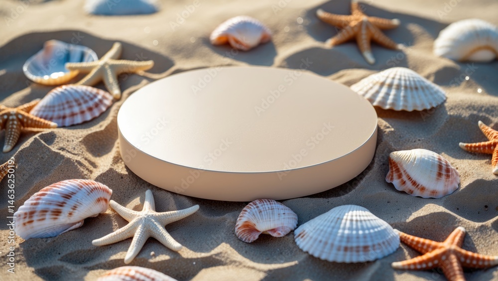 Poster Empty beige circular platform for beauty or product showcase set against sandy beach with shells and starfish, top perspective