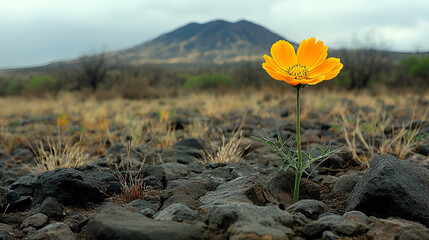 Resilient Yellow Wildflower Blooming in Volcanic Desert Landscape