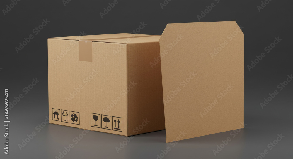 Aufkleber cardboard box with fragile handling symbols in a studio setting. product is displayed at an angle fo