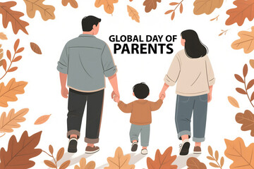 Happy family walking together celebrating global day of parents with autumn leaves illustration