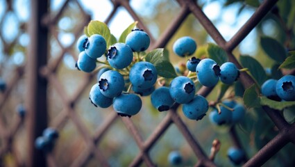 Wild Blueberry Plant Featuring Ripe, Round Blue Berries on a Fence in a Forest Setting