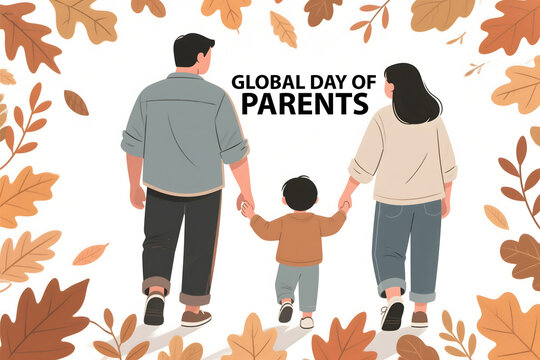 Happy family walking together celebrating global day of parents with autumn leaves illustration