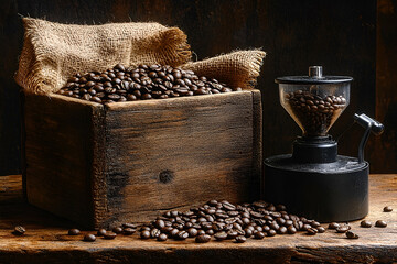 Roasted Coffee Beans in Rustic Wooden Box with Grinder
