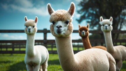 Obraz premium Cute White Alpaca Faces Showing Humor at British Farm