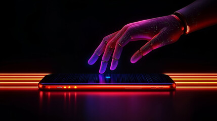 Robotic Hand Interacting with Glowing Screen in Neon Light