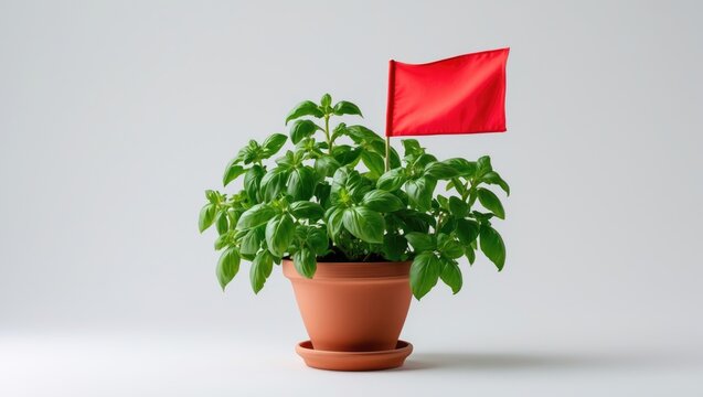 Traditional Portuguese manjerico herb with red flag at summer celebration