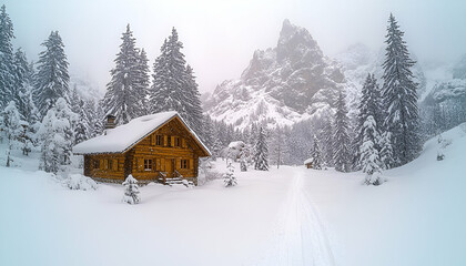 Snowy Mountain Cabin Winter Landscape