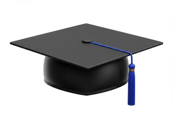 Black graduation cap with blue tassel isolated on white background