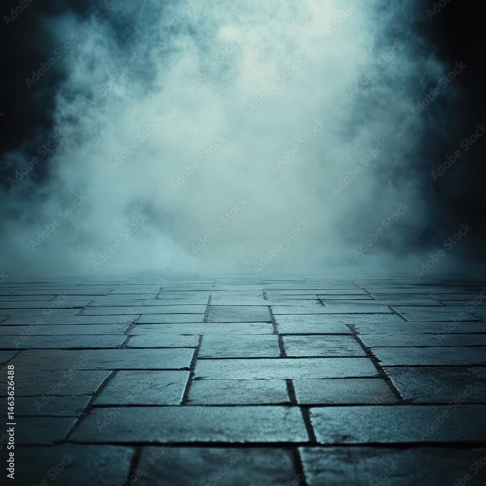 Poster stone floor with fog creeping in from the dark background moody scene low angle shot for background 