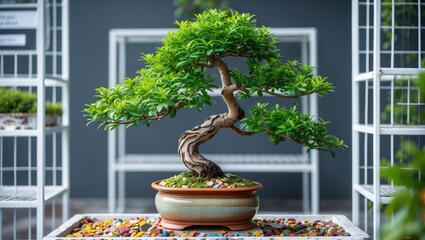 Market print background showcasing a meticulously pruned bonsai tree with lush green foliage and twisted trunk for outdoor sale information