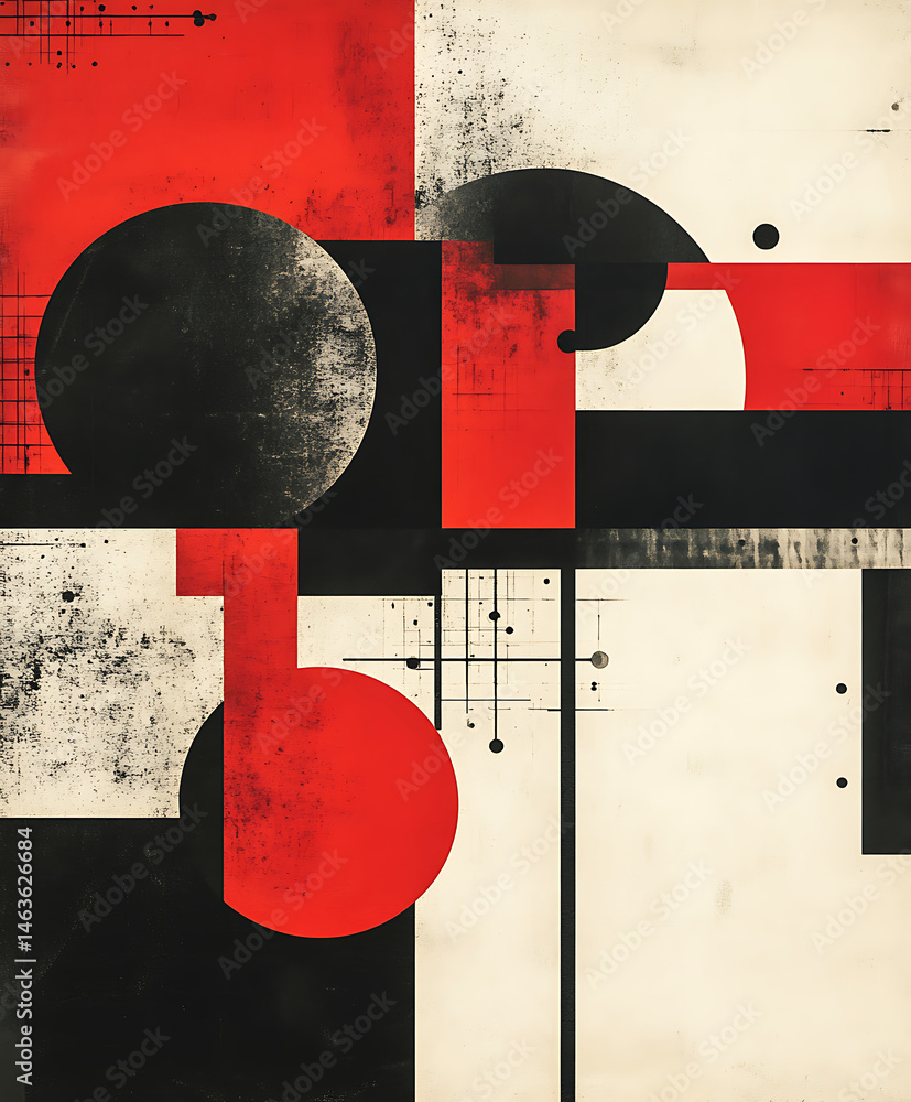 Aufkleber geometric composition with circles squares and lines red black and white color scheme