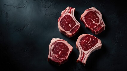 Raw beef steak resting on black background seen from the side with empty space for copy