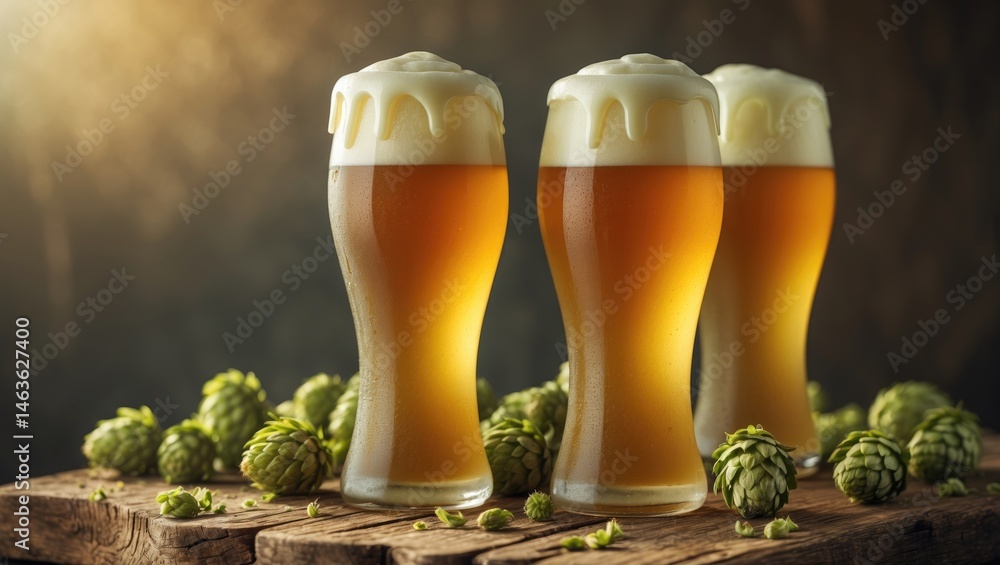 Poster refreshing ipa beer background featuring hops and foam
