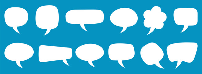Flat white speech bubbles set on blue background. Blank comic dialog balloons collection for messages, comics, stickers, chat, design elements, social media, blogs and communication projects