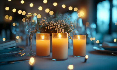 Romantic Candlelit Dinner Table Setting with Warm Lighting