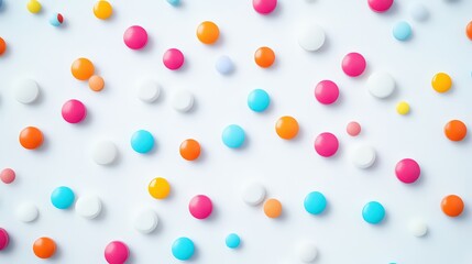 Bright colored pills on a white surface creating a cheerful, modern pattern