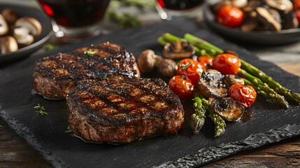 Grilled steaks with vegetables on a dark stone platter.