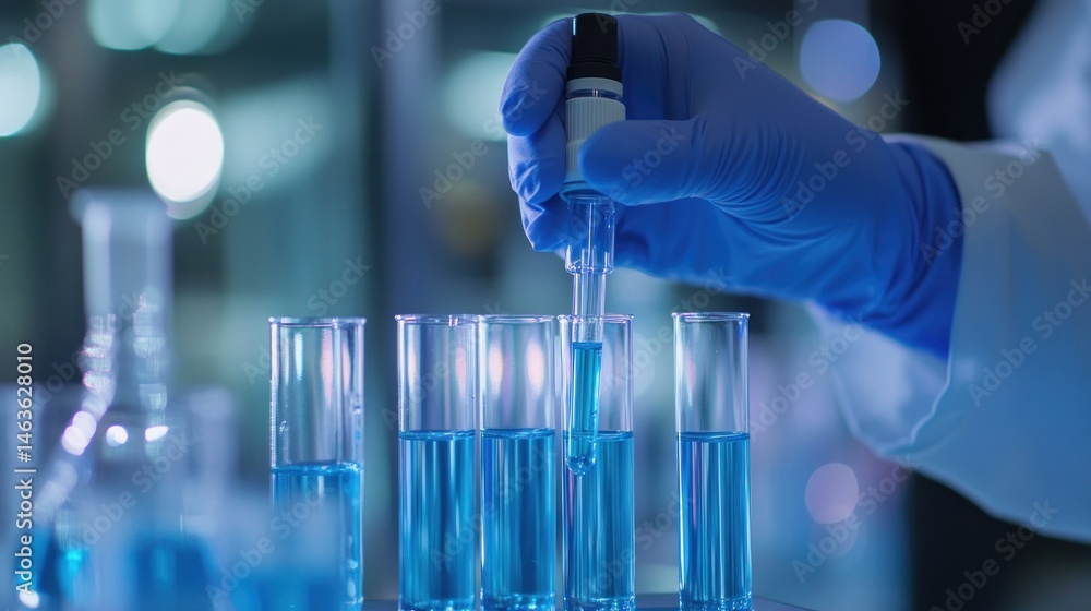 Poster precise liquid handling in a sterile lab setting with a gloved technician carefully dispensing a blu