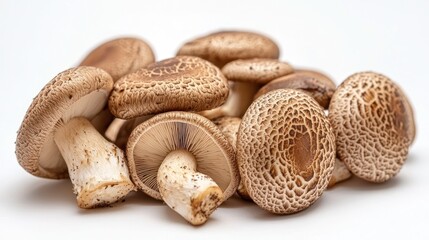 A cluster of shiitake mushrooms, their brown caps contrasting with the light background.